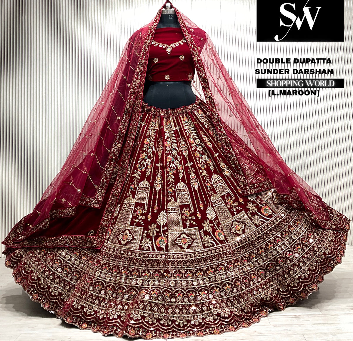 D.maroon velvet bridal double dupatta Lehenga