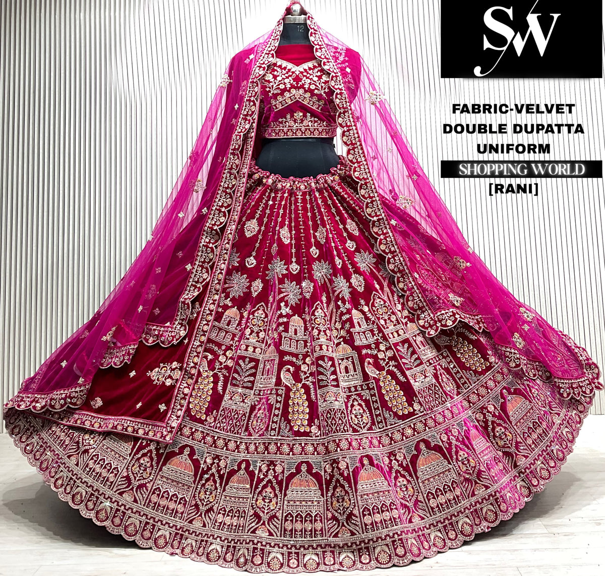 D.maroon velvet bridal double dupatta Lehenga