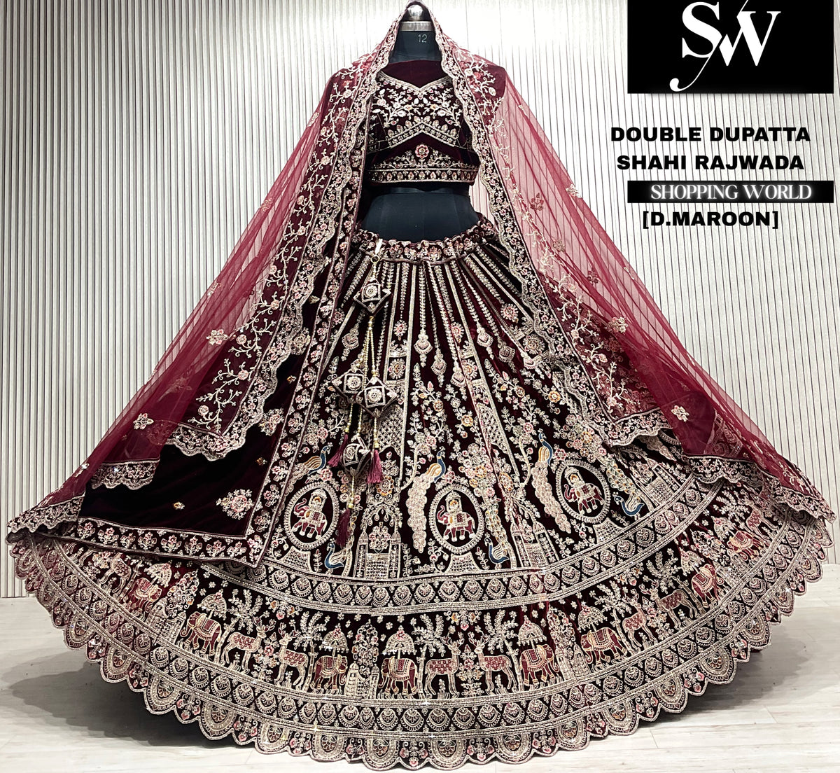 D.maroon velvet bridal double dupatta Lehenga