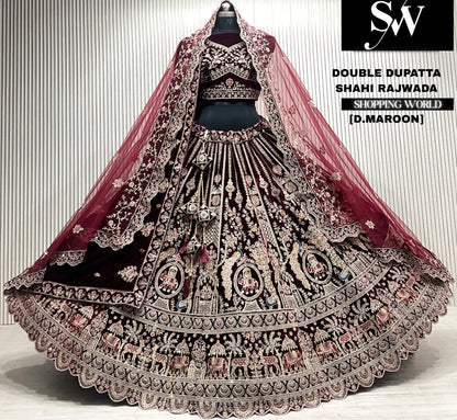 D.maroon velvet bridal double dupatta Lehenga