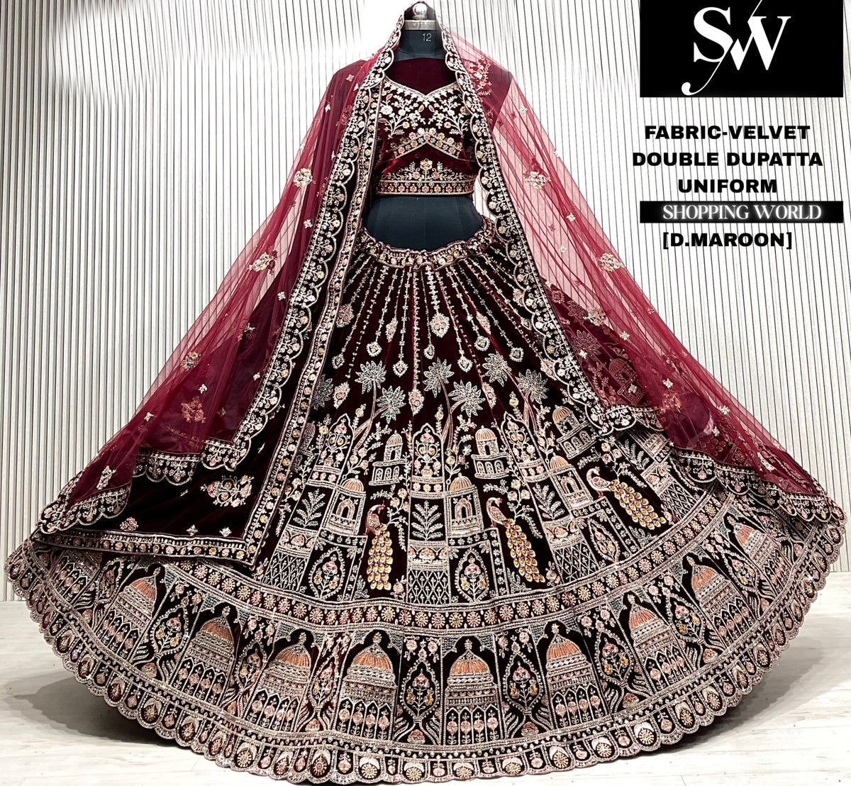 D.maroon velvet bridal double dupatta Lehenga