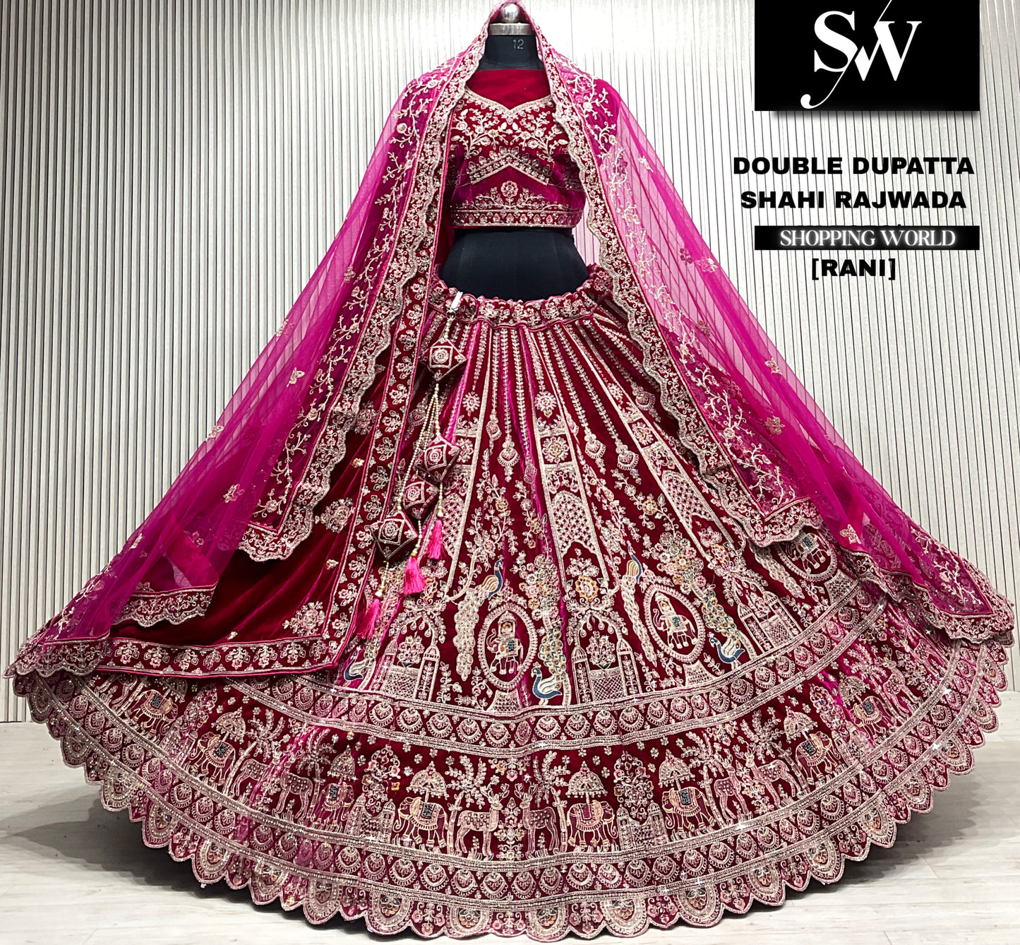 D.maroon velvet bridal double dupatta Lehenga