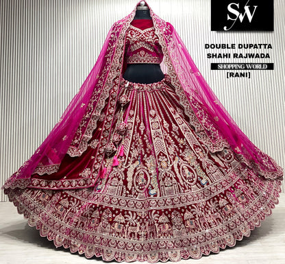 D.maroon velvet bridal double dupatta Lehenga