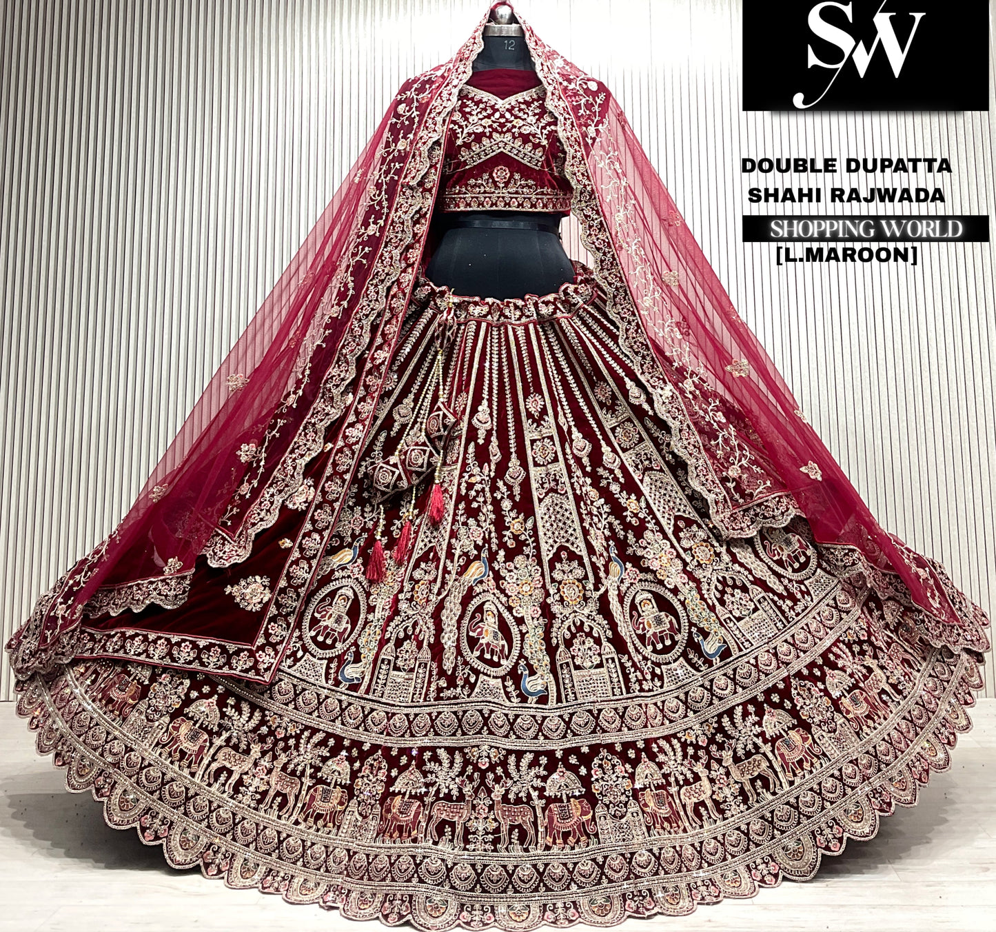 D.maroon velvet bridal double dupatta Lehenga