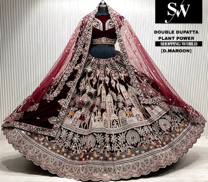 D.maroon velvet bridal double dupatta Lehenga