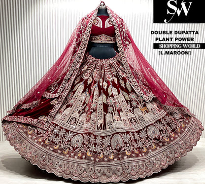 D.maroon velvet bridal double dupatta Lehenga