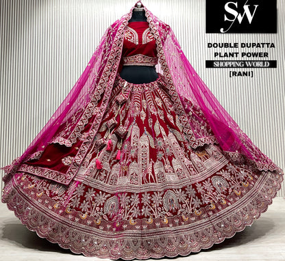 D.maroon velvet bridal double dupatta Lehenga