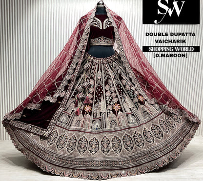 D.maroon velvet bridal double dupatta Lehenga