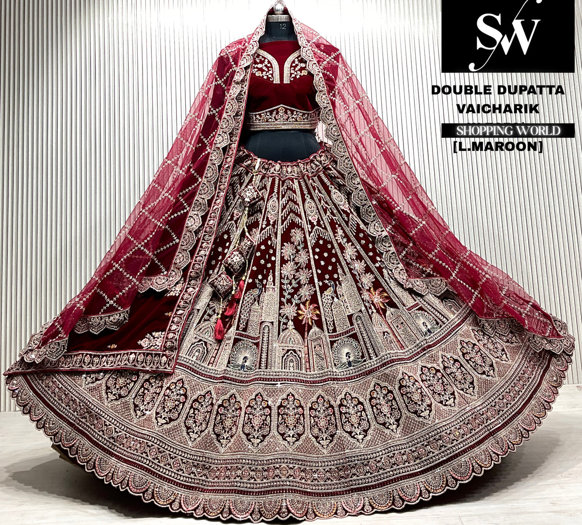 D.maroon velvet bridal double dupatta Lehenga
