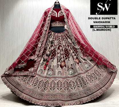 D.maroon velvet bridal double dupatta Lehenga
