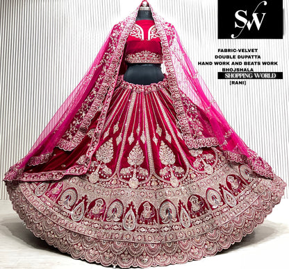 D.maroon velvet bridal double dupatta Lehenga