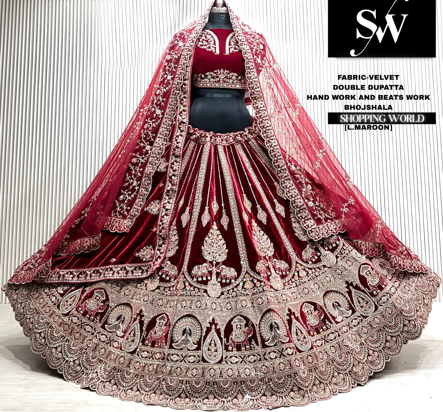 D.maroon velvet bridal double dupatta Lehenga