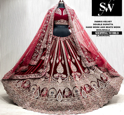 D.maroon velvet bridal double dupatta Lehenga