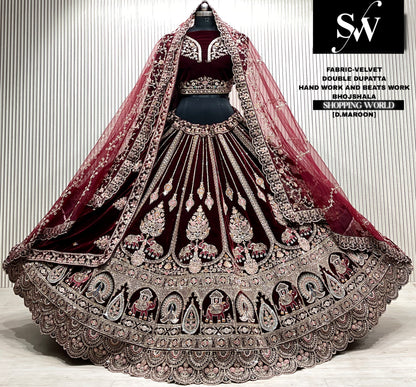 D.maroon velvet bridal double dupatta Lehenga