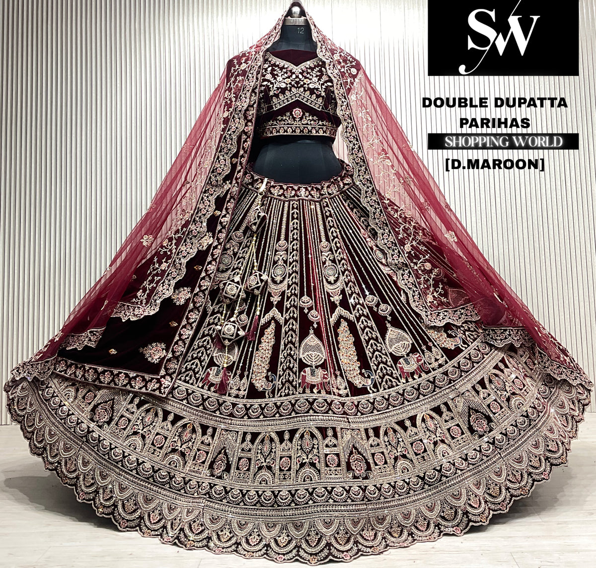 D.maroon velvet bridal double dupatta Lehenga