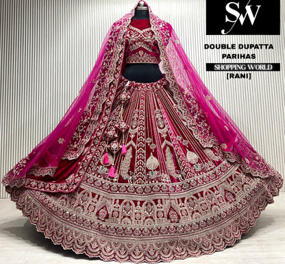 D.maroon velvet bridal double dupatta Lehenga