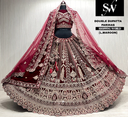 D.maroon velvet bridal double dupatta Lehenga