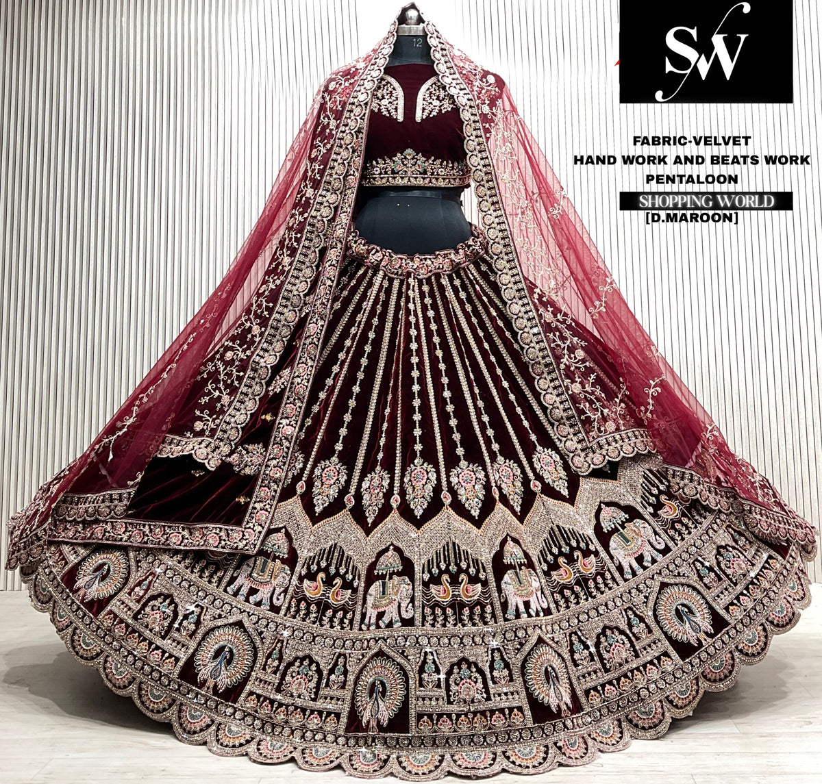 D.maroon velvet bridal double dupatta Lehenga