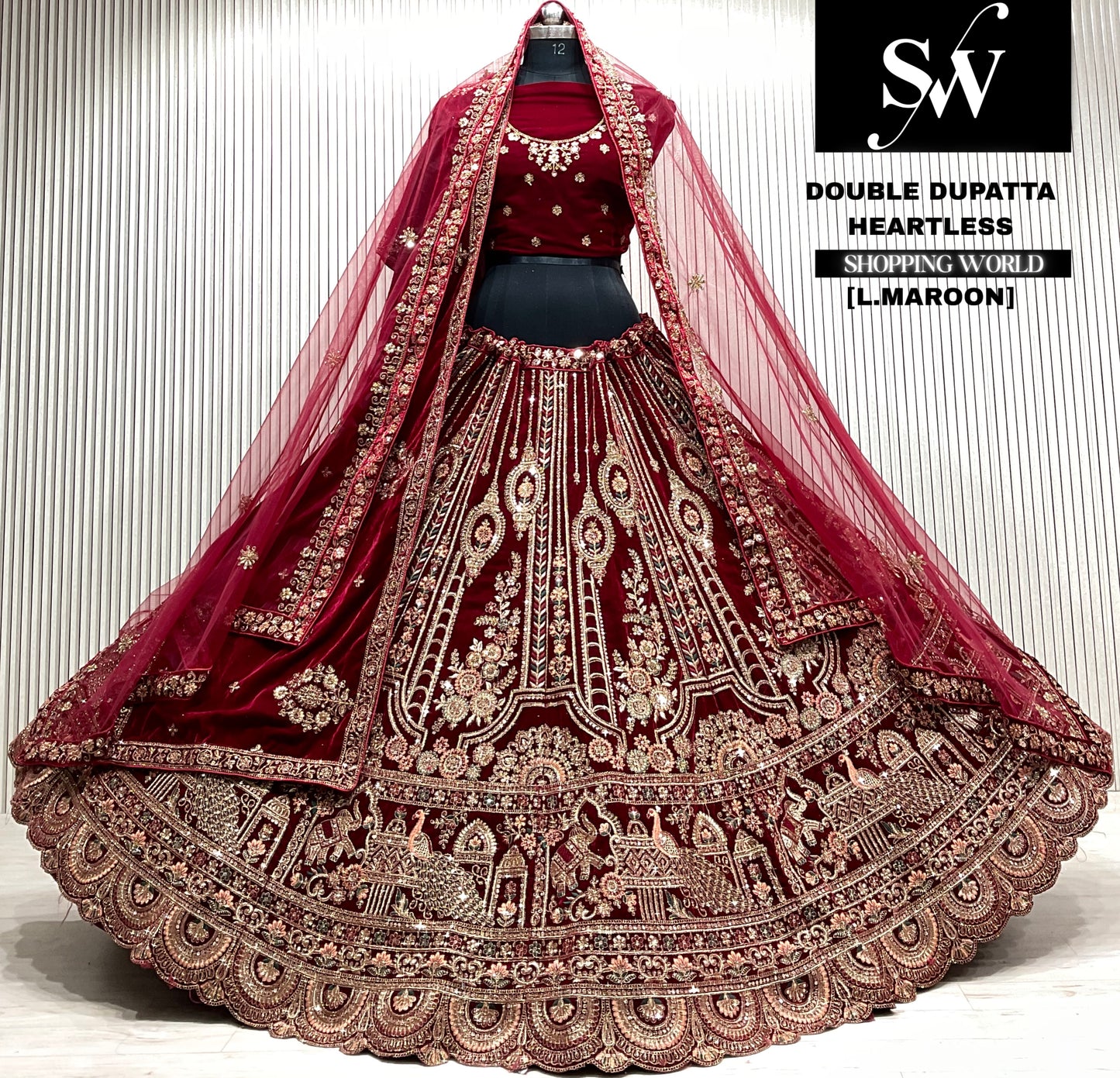 D.maroon velvet bridal double dupatta Lehenga