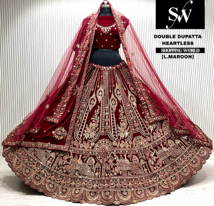 D.maroon velvet bridal double dupatta Lehenga
