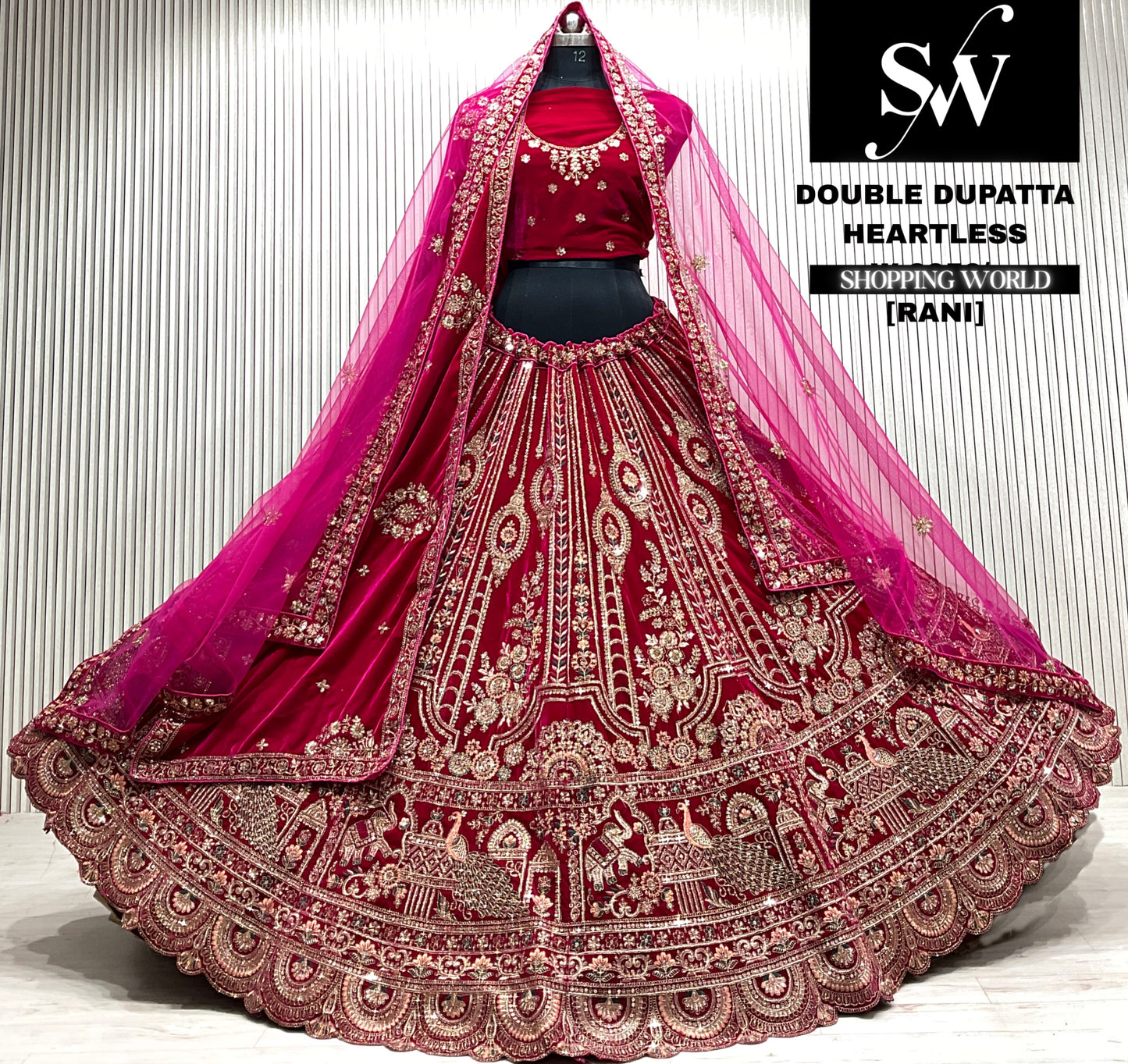 D.maroon velvet bridal double dupatta Lehenga