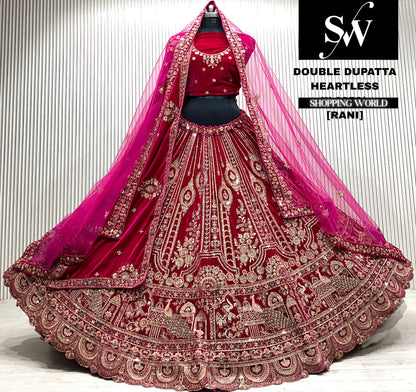 D.maroon velvet bridal double dupatta Lehenga