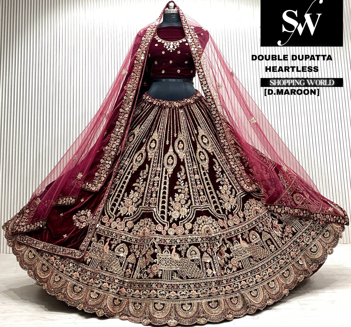 D.maroon velvet bridal double dupatta Lehenga