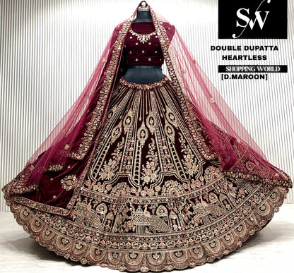 D.maroon velvet bridal double dupatta Lehenga