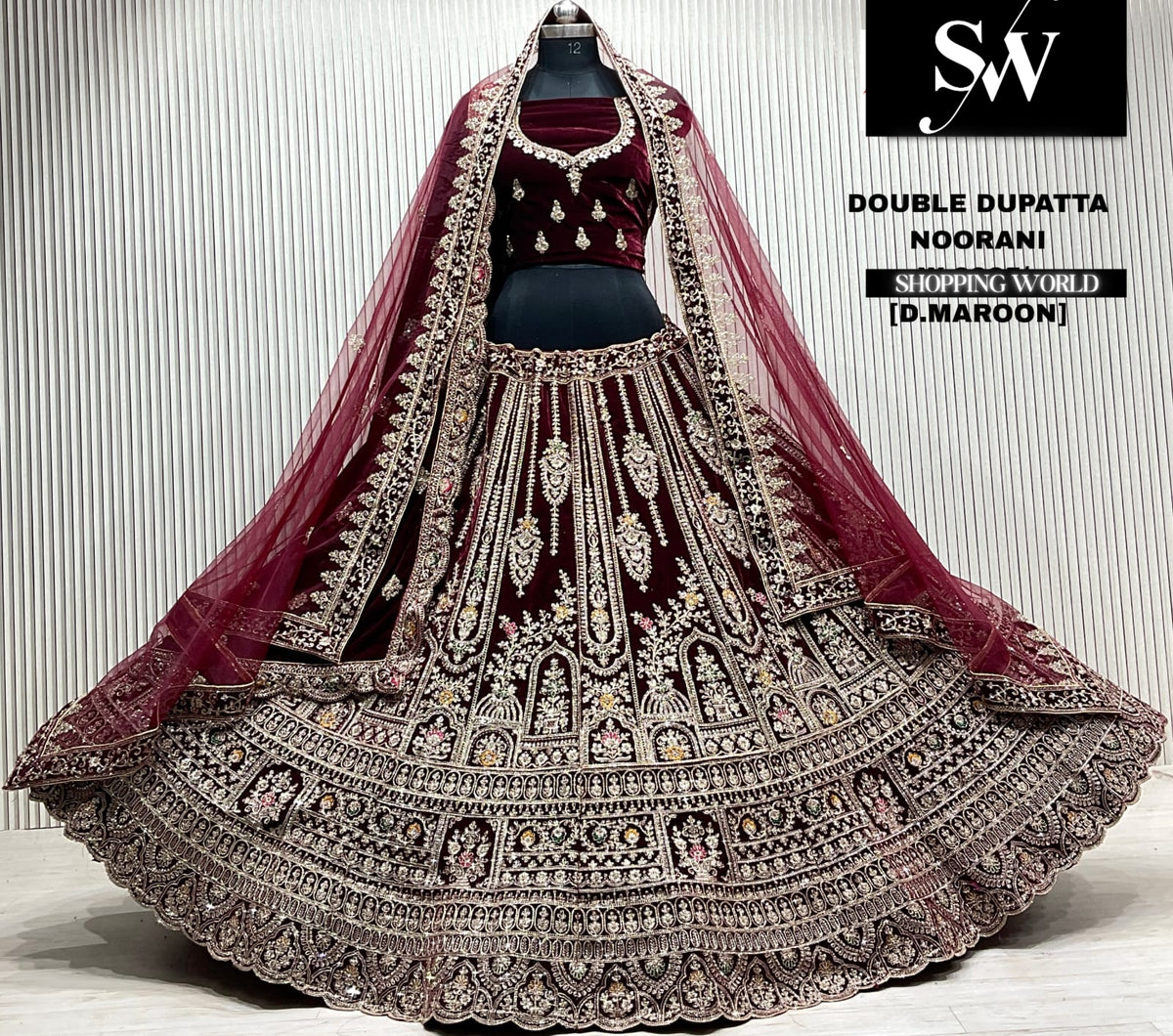 D.maroon velvet bridal double dupatta Lehenga