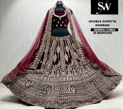 D.maroon velvet bridal double dupatta Lehenga
