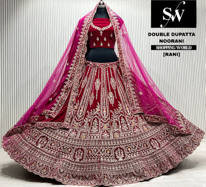 D.maroon velvet bridal double dupatta Lehenga