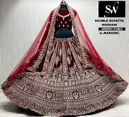 D.maroon velvet bridal double dupatta Lehenga