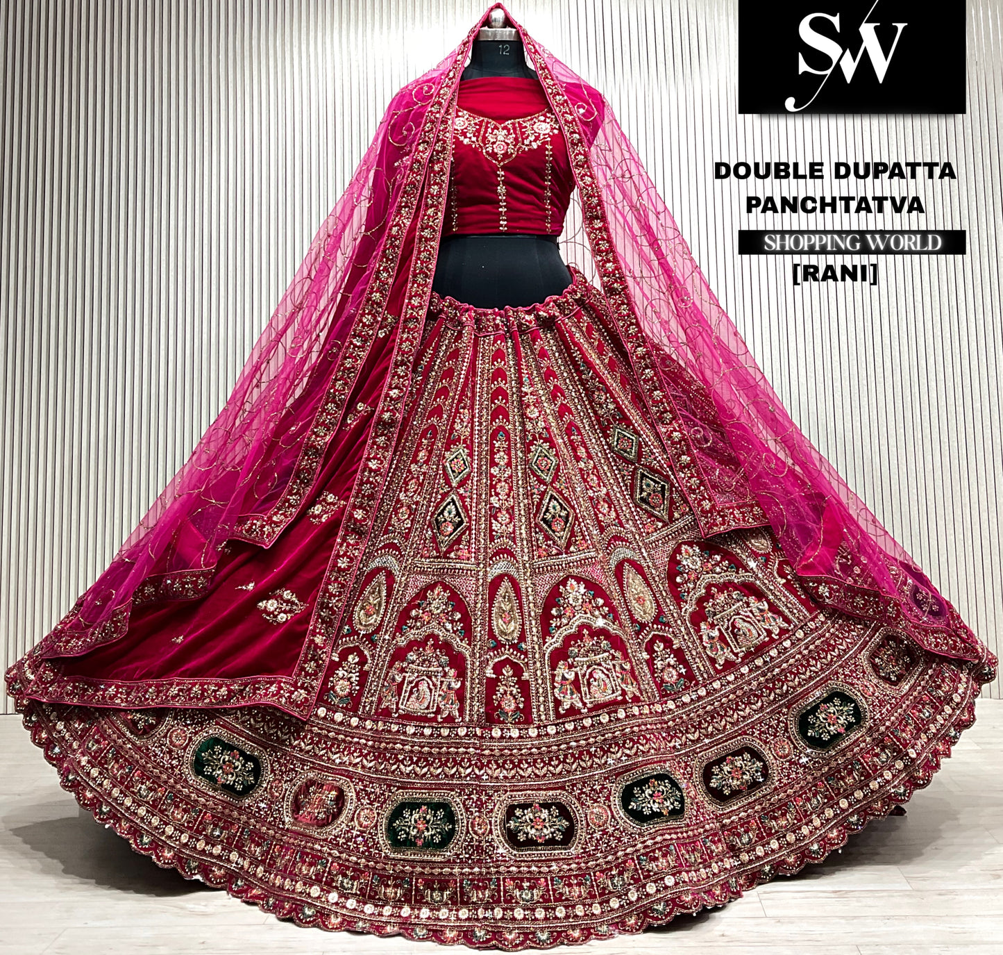 L.maroon velvet bridal double dupatta Lehenga