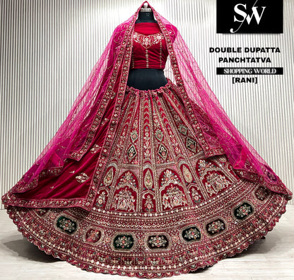 L.maroon velvet bridal double dupatta Lehenga