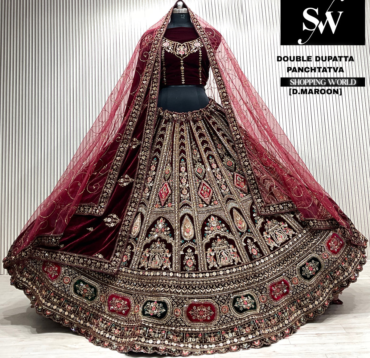 L.maroon velvet bridal double dupatta Lehenga