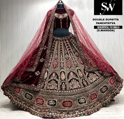 L.maroon velvet bridal double dupatta Lehenga