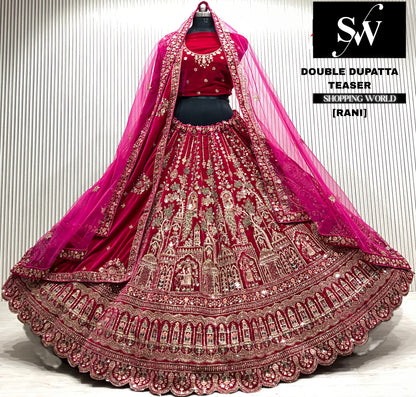 D.maroon velvet bridal double dupatta Lehenga