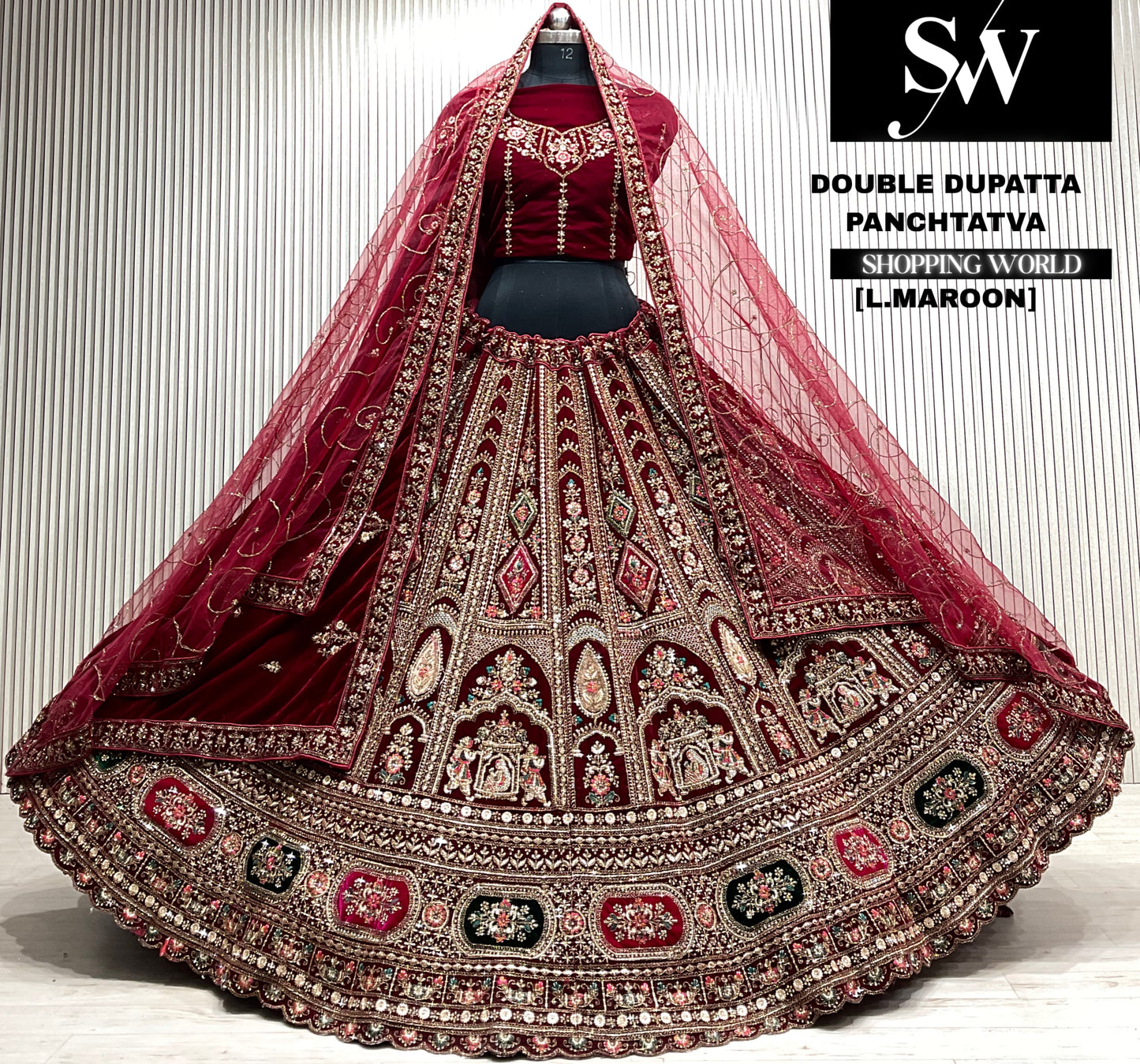 L.maroon velvet bridal double dupatta Lehenga