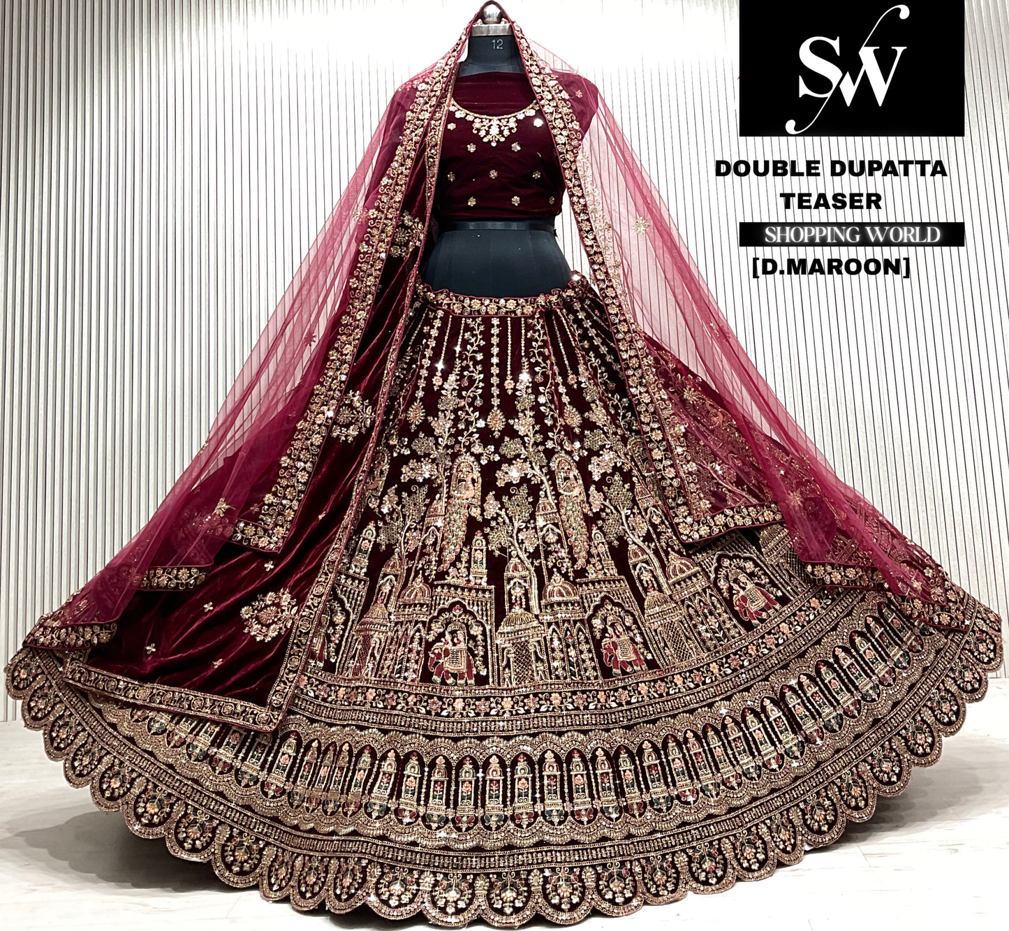 D.maroon velvet bridal double dupatta Lehenga