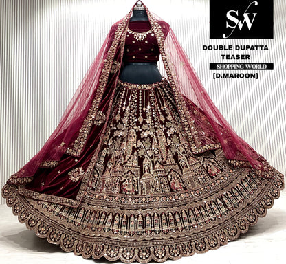 D.maroon velvet bridal double dupatta Lehenga