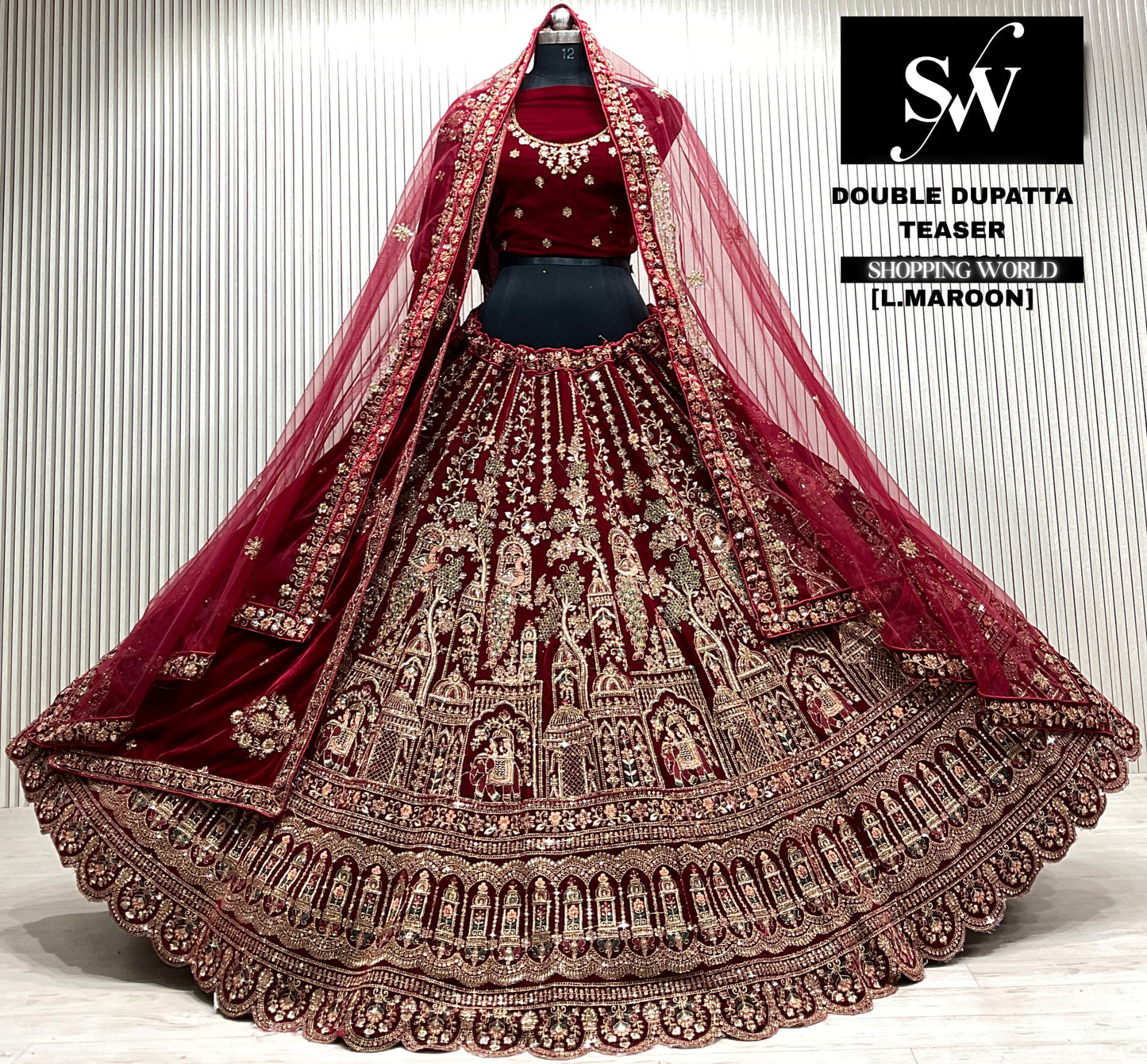 D.maroon velvet bridal double dupatta Lehenga