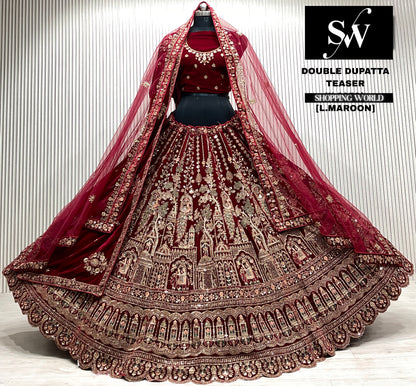 D.maroon velvet bridal double dupatta Lehenga
