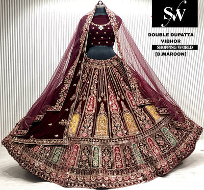Rani pink velvet bridal double dupatta Lehenga