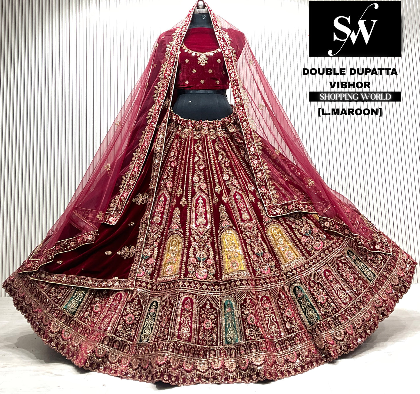 Rani pink velvet bridal double dupatta Lehenga