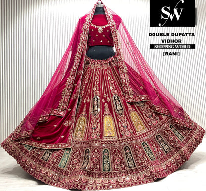 Rani pink velvet bridal double dupatta Lehenga