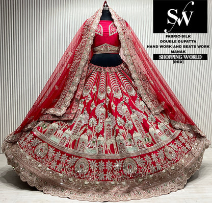 Red silk bridal double dupatta Lehenga