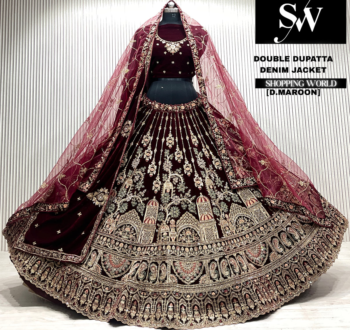 D.maroon velvet bridal double dupatta Lehenga