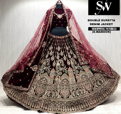 D.maroon velvet bridal double dupatta Lehenga