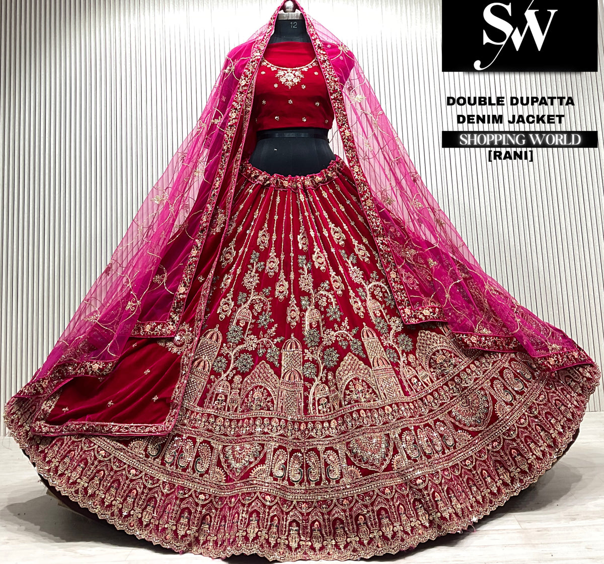 D.maroon velvet bridal double dupatta Lehenga