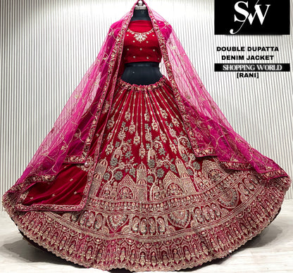 D.maroon velvet bridal double dupatta Lehenga